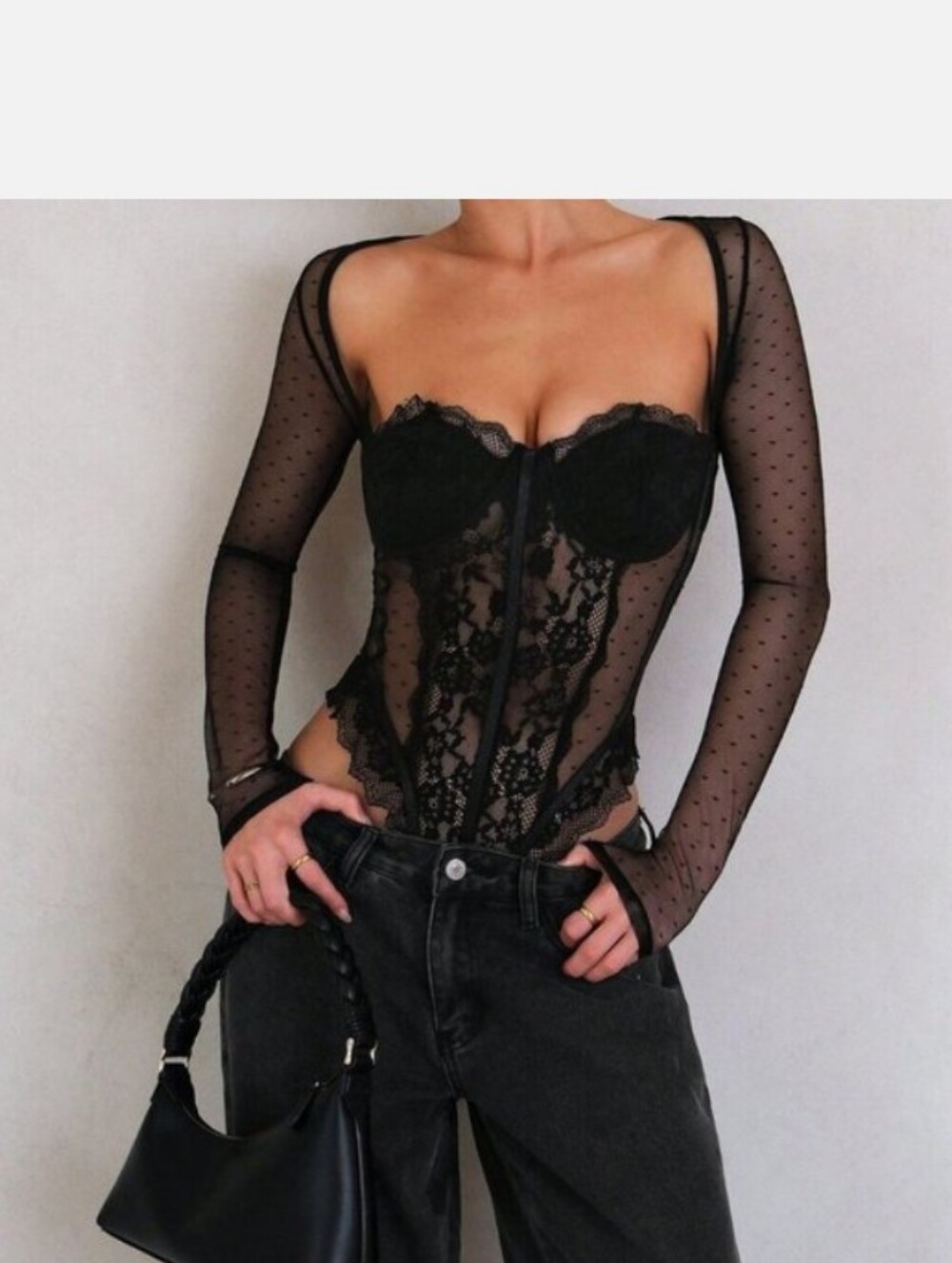 Black Casual Women's Spaghetti Strap Lace Patchwork Corset Bodysuit - Picture 2 of 4